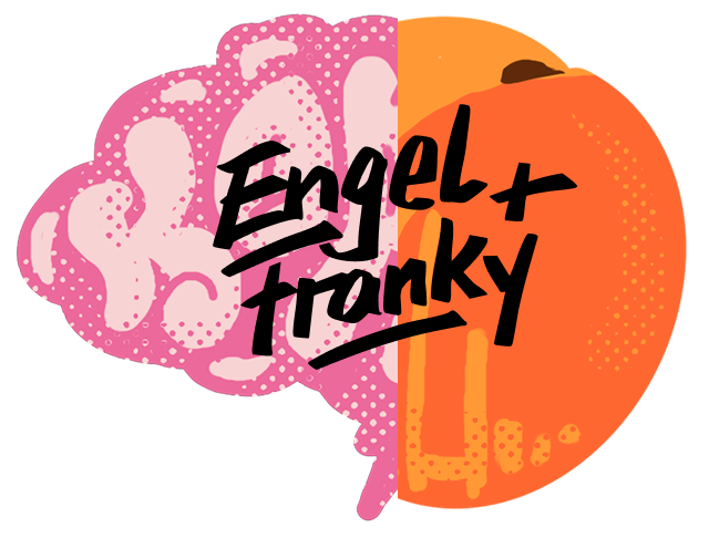 Illustration mit einer orangefarbenen Pfirsich -Hälfte und einer rosa Gehirn-Hälfte. Darüber die Logoschrift "Engel + Franky".