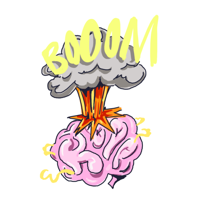 Boom Illustration eines explodierenden Gehirns mit einer Rauchwolke und dem Wort "BOOM".